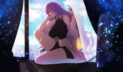  absurdres barefoot black_shirt black_shorts breasts closed_mouth curtains day female from_side full_body furai_sen highres hololive hololive_indonesia indoors large_breasts long_hair looking_at_viewer moona_hoshinova navel purple_hair purple_nails shirt shorts signature sitting sky sleeveless sleeveless_shirt smile solo tight_clothes virtual_youtuber white_shirt window yellow_eyes youtube_logo 