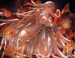  armlet bare_shoulders belly_chain bracelet breasts cleavage colored_skin cowboy_shot durga_(fate) durga_(first_ascension)_(fate) earrings fate/grand_order fate_(series) female flower from_below gradient_skin grey_hair hair_ribbon highres jewelry large_breasts long_hair looking_at_viewer meitian_chi_yi_jin_youmaicai pelvic_curtain red_eyes red_ribbon red_skin revealing_clothes ribbon snake underwear very_long_hair weibo_watermark white_snake 