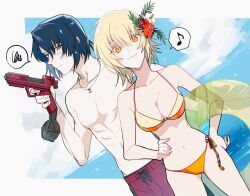  1boy 8_(excellent_daa) amulet athrun_zala bikini blonde_hair blue_hair blue_sky blush breasts cagalli_yula_athha cleavage cloud cowboy_shot female flower green_eyes gundam gundam_seed gundam_seed_destiny gundam_seed_freedom hair_flower hair_ornament hands_on_own_hips holding holding_swim_ring holding_water_gun jewelry looking_at_viewer male_swimwear medium_breasts musical_note necklace ocean orange_bikini pendant short_hair sky smile spoken_musical_note swim_ring swim_trunks swimsuit topless_male water water_gun yellow_eyes 