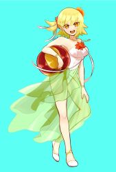  :d anklet aqua_background ball beachball blonde_hair breasts cagalli_yula_athha female flower full_body green_sarong gundam gundam_seed gundam_seed_destiny gundam_seed_freedom hair_flower hair_ornament highres holding holding_ball holding_beachball jewelry kemidori_(keminnnnnn) looking_at_viewer medium_breasts necklace one-piece_swimsuit one_side_up open_mouth sarong see-through see-through_sarong short_hair simple_background smile solo standing swimsuit white_one-piece_swimsuit yellow_eyes 