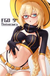  aesc_(9th_anniversary)_(fate) aesc_(fate) aqua_eyes black_gloves blonde_hair blush braid breasts cleavage fate/grand_order fate_(series) female glasses gloves hat highleg highleg_panties highres large_breasts long_hair looking_at_viewer motokebo17 official_alternate_costume open_mouth panties short_sleeves shorts shrug_(clothing) smile solo twin_braids underwear witch_hat 