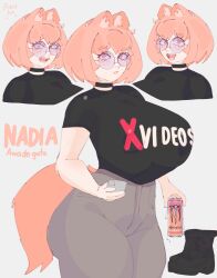  big_breasts big_thighs black_t-shirt breasts clothed female female_focus female_only glasses grey_pants izutsumihr light-skinned_female noboko_k oc open_mouth original_character peach_hair short_hair short_hair_female tail thighs 