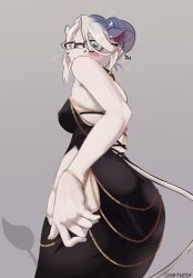  animal_humanoid anthro betty_brown blush bovid bovid_humanoid bovine bovine_humanoid chain_jewelry clothing drafthoof dress eyewear female glasses hi_res humanoid mammal mammal_humanoid solo 