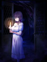  absurdres breasts candle covered_navel covered_nipples dress female green_eyes highres holding holding_candle indoors large_breasts long_hair looking_at_viewer off-shoulder_dress off_shoulder oomune_tayuyu parted_lips purple_hair solo spirit tama_project v-mag white_dress 