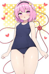  alternate_costume ass_visible_through_thighs black_hairband blue_one-piece_swimsuit breasts commentary_request covered_navel eyeball female gradient_background hair_ornament hairband heart heart_hair_ornament highres komeiji_satori looking_at_viewer one-piece_swimsuit open_mouth pink_eyes pink_hair polka_dot polka_dot_background rizento school_swimsuit short_hair small_breasts solo standing swimsuit thigh_gap thighs third_eye touhou white_background yellow_background 