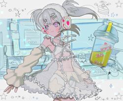  cake cake_slice closed_mouth detached_sleeves dress female food grey_hair hair_ornament hairclip highres medium_hair neck_ribbon original pink_eyes poin_(goruchopame) ribbon see-through see-through_dress sleeves_past_wrists smile solo star_(symbol) star_hair_ornament twintails white_ribbon white_sleeves 