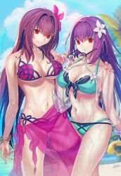  2girls aora bare_shoulders beach bikini black_bikini blue_sky bracelet breasts bridal_garter cleavage collarbone fate/grand_order fate_(series) flower glasses green_bikini hair_between_eyes hair_flower hair_ornament hibiscus highres jewelry large_breasts long_hair long_sleeves looking_at_viewer multiple_girls navel open_clothes open_shirt purple_bikini purple_hair red_eyes sarong scathach_(fate) scathach_(swimsuit_assassin)_(fate) scathach_skadi_(fate) scathach_skadi_(swimsuit_ruler)_(fate) scathach_skadi_(swimsuit_ruler)_(final_ascension)_(fate) see-through sky smile swimsuit thighs two-tone_bikini wet 