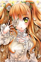  blush choker criss-cross_straps dot_nose dress expressionless falling_petals female flower flower_over_eye frilled_choker frilled_dress frills hair_flower hair_ornament hand_up kirakishou long_hair long_sleeves looking_at_viewer mosho orange_hair parted_lips petals plant rose rozen_maiden solo sparkle spread_fingers thorns traditional_media twintails upper_body very_long_hair vines white_dress white_flower white_rose yellow_eyes 