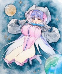  ;d absurdres bb_(fate) bb_cosmo_(fate) boots breasts earth_(planet) fate/grand_order fate_(series) female full_body gloves grey_gloves grey_sleeves hair_ribbon helmet high_heel_boots high_heels highleg highleg_leotard highres huge_breasts index_fingers_raised knee_boots leotard long_hair long_sleeves looking_at_viewer one_eye_closed open_mouth painting_(medium) pink_boots pink_leotard pink_ribbon planet puffy_long_sleeves puffy_sleeves purple_eyes purple_hair ribbon shrug_(clothing) smile solo space space_helmet star_(sky) traditional_media utsu_(utu_xx) very_long_hair watercolor_(medium) zipper 