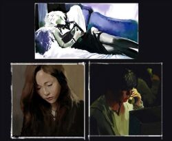  1boy 2girls black_background black_dress black_thighhighs brown_hair closed_eyes couch dress holding holding_phone long_hair lying multiple_girls on_couch original painting_(medium) phone slow_d thighhighs traditional_media 