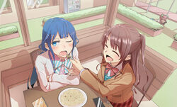  3girls adagaki_aki blazer blue_eyes blush cd_case commentary_request crossover feeding food hanazawa_suou highres idolmaster idolmaster_cinderella_girls jacket long_hair looking_away low_twintails masamune-kun_no_revenge multiple_crossover multiple_girls one_side_up oohashi_ayaka open_mouth pasta pink_hair red_eyes sabagebu! school_uniform shimamura_uzuki short_hair smile sonokawa_momoka spaghetti twintails voice_actor_connection 