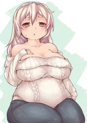  :o aran_sweater bare_shoulders blush breasts cable_knit cleavage collarbone commentary_request denim fat female hand_on_breast hand_on_own_chest heo_(tkgm) highres jeans large_breasts long_hair long_sleeves looking_at_viewer meat_day mole mole_under_eye muffin_top off-shoulder_sweater off_shoulder orange_eyes original pants parted_lips ribbed_sweater short_eyebrows silver_hair sleeves_past_wrists solo sweat sweater thick_eyebrows thick_thighs thighs white_hair 