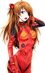  :o arm_behind_head bad_id bad_pixiv_id blue_eyes bodysuit bracer breasts brown_hair cowboy_shot evangelion:_3.0_you_can_(not)_redo eyepatch female from_side gloves hair_over_shoulder hand_in_own_hair hand_on_own_thigh hand_up headgear kalian long_hair looking_at_viewer neon_genesis_evangelion open_mouth pilot_suit plugsuit rebuild_of_evangelion red_bodysuit simple_background small_breasts souryuu_asuka_langley standing tape turtleneck two_side_up white_background 