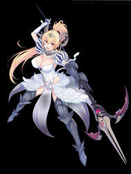  :d angel_wings arm_up armor armored_boots asymmetrical_gloves black_background black_gloves blonde_hair boots breasts bustier circlet cleavage commentary_request demon_girl demon_horns detached_sleeves dress feathered_wings female full_body gloves greaves high_ponytail holding holding_weapon horns large_breasts legs_apart long_hair looking_at_viewer low_wings lucifer_(the_seven_deadly_sins) mismatched_gloves official_art open_mouth outstretched_arm pelvic_curtain pointy_ears polearm puff_and_slash_sleeves puffy_short_sleeves puffy_sleeves red_eyes sheep_horns short_sleeves simple_background smile solo spear the_seven_deadly_sins thigh_boots thighhighs ulrich_(tagaragakuin) v-shaped_eyebrows vambraces very_long_hair weapon white_dress white_gloves wings 