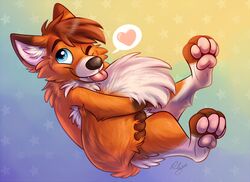  2016 4_toes ambiguous_gender anthro biped black_nose blue_eyes brown_body brown_fur brown_hair canid canine cheek_tuft digital_media_(artwork) dipstick_tail eyebrows facial_tuft feet floating fluffy fluffy_tail fox full-length_portrait fur gradient_background hair heart_symbol holding_tail inner_ear_fluff looking_at_viewer mammal markings multicolored_body multicolored_fur multicolored_tail nude one_eye_closed orange_body orange_fur orange_tail pawpads paws pictographics pink_pawpads pink_tongue portrait short_hair signature simple_background smile snout solo tail tail_hug tail_markings toeless_(marking) toes tongue tongue_out tuft two_tone_tail waywardmutt white_body white_fur white_tail white_tail_tip wink zane_the_fox 