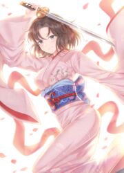  arm_up back_bow blue_bow bow brown_eyes brown_hair cherry_blossoms commentary_request female highres holding holding_sword holding_weapon japanese_clothes kara_no_kyoukai katana kimono looking_at_viewer obi obiage obijime pink_kimono ryougi_shiki sash short_hair smile solo sword ubi_(ekdus6080) weapon yukata 