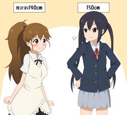  2girls apron black_hair blush brown_eyes brown_hair commentary_request crossover height_conscious height_difference k-on! long_hair multiple_girls nakano_azusa ponytail puff_of_air sakuragaoka_high_school_uniform school_uniform shizupu skirt smug taneshima_popura translated triumph_(expression) twintails waitress working!! 