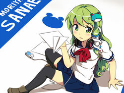  alternate_costume bad_id bad_pixiv_id black_thighhighs blush breasts digital_media_player female frog_hair_ornament green_eyes green_hair hair_ornament hair_tubes hairclip headphones headphones_around_neck kochiya_sanae long_hair paper_airplane school_uniform serafuku shoes short_sleeves sitting skirt small_breasts snake_hair_ornament solo takezaka_tarou thighhighs touhou zettai_ryouiki 