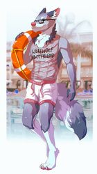  anthro biped canid canine carrying_another clothed clothing digitigrade eyewear fur glasses grey_body grey_fur hi_res jeanwoof life_ring lifeguard male mammal muscular muscular_anthro muscular_male outside shirt smile solo standing swim_ring swimming_trunks swimwear tank_top text text_on_clothing text_on_shirt text_on_tank_top text_on_topwear topwear wet wet_clothing wet_shirt wet_topwear 