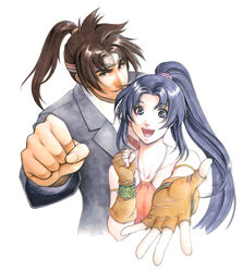  1boy aritani_mahoro armband bare_shoulders black_hair blue_eyes blue_hair brown_hair business_suit clenched_hand commentary_request female fingerless_gloves formal gloves guan_yinping headband looking_at_viewer open_mouth photoshop_(medium) ponytail smile suit tensei_sangokushi traditional_media upper_body white_background zhao_yun 