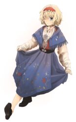  alice_margatroid alternate_costume bad_id bad_pixiv_id blonde_hair blue_eyes capelet curtsey dress dutch_angle female full_body hairband highres long_sleeves looking_at_viewer one_eye_closed shoes short_hair simple_background skirt_hold solo touhou unitsu white_background 