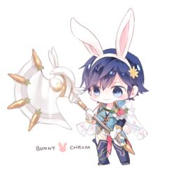  1boy :&gt; animal_ears blue_eyes blue_hair carrot chibi chrom_(fire_emblem) chrom_(spring)_(fire_emblem) closed_mouth fake_animal_ears fire_emblem fire_emblem_awakening fire_emblem_heroes flower full_body gloves hair_flower hair_ornament hairband holding looking_at_viewer male_focus protected_link rabbit_ears rjsin simple_background smile solo standing white_gloves 