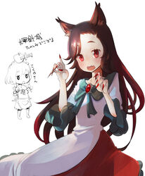  12_(xaenedju) animal_ears apple blush brown_hair commentary_request dress female fingernails food fruit imaizumi_kagerou izayoi_sakuya knife long_hair open_mouth red_eyes sharp_fingernails touhou wolf_ears 