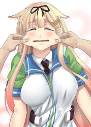  alternate_costume blonde_hair blush breasts cheek_pull closed_eyes commentary_request employee_uniform familymart female hair_flaps hair_ornament hair_ribbon hairclip highres kantai_collection kinntarou large_breasts long_hair open_mouth out_of_frame pov pov_hands ribbon shirt solo_focus tears uniform upper_body very_long_hair wavy_hair yuudachi_(familymart)_(kancolle) yuudachi_(kancolle) yuudachi_kai_ni_(kancolle) 