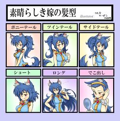  alternate_hairstyle animal_ears blue_hair commentary_request female forehead genderswap_(mtf) highres league_of_legends looking_at_viewer mirror multiple_views personification ponytail red_eyes rule_63 side_ponytail tail translated twintails vilde_loh_hocen warwick 