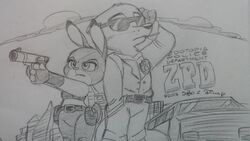  2017 canid canine disney duo eyewear female fox gun jpp judy_hopps lagomorph leporid male mammal nick_wilde pencil_(disambiguation) pose rabbit ranged_weapon sunglasses weapon zootopia 