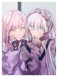  2girls alternate_costume anastasia_(fate) ashita_kura blue_eyes blush commentary earrings eyes_visible_through_hair fate/grand_order fate_(series) hair_between_eyes hair_over_one_eye hairband hands_on_own_cheeks hands_on_own_face highres jewelry long_hair long_sleeves looking_at_viewer medb_(fate) multiple_girls pink_hair selfie sidelocks smile sweater symbol-only_commentary white_hair yellow_eyes 