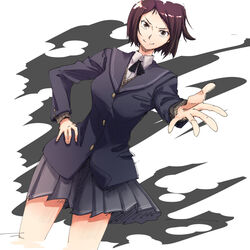  amagami bad_id bad_pixiv_id black_jacket blazer blue_hair brown_eyes brown_hair commentary cowboy_shot determined dutch_angle female furrowed_brow grey_skirt hand_on_own_hip jacket kibito_high_school_uniform kurosawa_noriko light_blue_hair light_smile long_sleeves looking_at_viewer pleated_skirt reaching reaching_towards_viewer schatten school_uniform short_hair skirt smile solo sweater wind 