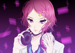  black_shirt blazer breasts collarbone collared_shirt eyelashes female fingernails hair_ornament hairclip hands_up headphones holding jacket lips looking_at_viewer minase_koito musaigen_no_phantom_world necktie pink_eyes pink_hair purple_eyes school_uniform shirt short_hair solo upper_body 