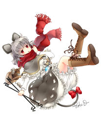  animal_ears bad_id bad_pixiv_id basket bloomers boots capelet cross-laced_footwear dowsing_rod female full_body fuusha grey_hair jewelry looking_at_viewer mouse_(animal) mouse_ears mouse_tail nazrin pendant red_eyes red_scarf ribbon scarf short_hair signature simple_background solo tail tail_ornament tail_ribbon touhou underwear white_background 