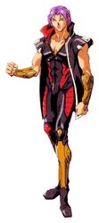  90s armor boots character coat fatal_fury laocorn_gaudeamus leather lowres male male_focus muscle official_art oldschool oobari_masami purple_hair snk spandex 