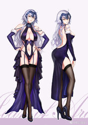  adapted_costume ahoge ass ass_visible_through_thighs backless_dress backless_outfit bare_back bare_shoulders black_footwear black_leotard black_skirt breasts bridal_gauntlets brown_hair chains character_name cleavage closed_mouth clothing_cutout collarbone commentary_request detached_sleeves dress fate/grand_order fate_(series) female from_side full_body fur-trimmed_sleeves fur_trim garter_straps half-closed_eyes head_tilt headpiece high_heels jeanne_d&#039;arc_alter_(avenger)_(fate) jeanne_d&#039;arc_alter_(avenger)_(third_ascension)_(fate) jeanne_d&#039;arc_alter_(fate) jeanne_d&#039;arc_alter_(holy_night_supper)_(fate) large_breasts leotard long_hair long_sleeves looking_at_viewer looking_to_the_side multiple_views navel navel_cutout parted_lips pink_background purple_dress revealing_clothes sideboob simple_background skirt smile standing thigh_gap thighhighs tsuki_no_i-min tsurime very_long_hair waist_cape weibo_watermark white_hair 