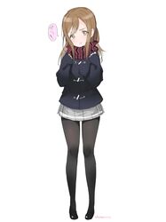  &gt;:) bad_id bad_twitter_id black_footwear black_pantyhose brown_hair closed_mouth coat duffel_coat female full_body grey_skirt hands_up hashimoto_mari kunikida_hanamaru loafers long_hair looking_at_viewer love_live! love_live!_sunshine!! pantyhose pleated_skirt red_scarf scarf school_uniform shoes simple_background skirt sleeves_past_wrists smile smug solo speech_bubble standing striped_clothes striped_scarf swept_bangs twitter_username v-shaped_eyebrows white_background yellow_eyes zura_(phrase) 