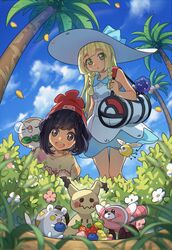  2girls alolan_exeggutor bad_id bad_twitter_id bag beanie berry_(pokemon) black_hair blonde_hair blue_sky braid closed_eyes cloud commentary_request cosmog cutiefly day dress duffel_bag eating flower food fruit grass green_eyes hat highres holding holding_food holding_fruit leppa_berry lillie_(pokemon) long_hair mimikyu multiple_girls on_shoulder open_mouth oran_berry outdoors palm_tree pecha_berry petals pinap_berry platinum_(o0baijin0o) poke_ball_theme pokemon pokemon_(creature) pokemon_on_shoulder pokemon_sm red_hat rowlet selene_(pokemon) short_hair short_sleeves sitrus_berry sky sleeping sleeveless sleeveless_dress standing stufful sun_hat tamato_berry togedemaru tree twin_braids white_dress white_hat 