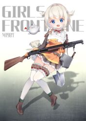  apron arami_o_8 belt blue_eyes blush character_name combat_knife commentary copyright_name female full_body girls&#039;_frontline gun highres holding holding_weapon knife looking_at_viewer m1897_(girls&#039;_frontline) maid_apron oerba_yun_fang open_mouth platinum_blonde_hair shield shield_module short_hair shotgun shotgun_shell shovel solo thighhighs weapon white_thighhighs 