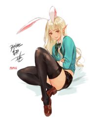  animal_ears black_shorts black_thighhighs blonde_hair bow bowtie breasts brown_eyes brown_footwear brown_thighhighs collared_shirt commentary_request crossed_arms dated female fingernails green_bow green_bowtie green_shirt knee_up korean_commentary loafers long_hair long_sleeves original pointy_ears rabbit_ears shirt shoes short_shorts shorts sidelocks signature simple_background sitting sleeves_past_elbows small_breasts smile solo takssmask thighhighs white_background 