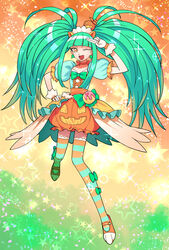  alternate_universe animal_ears biburi_(precure) choker commentary_request dress earrings extra_ears female gloves green_hair green_shirt hand_on_own_hip hat highres jewelry kirakira_precure_a_la_mode leaf_earrings long_hair magical_girl one_eye_closed open_mouth orange_eyes orange_skirt precure pumpkin_hat pumpkin_pants salute shirt skirt smile solo star_(symbol) striped_clothes striped_thighhighs supurai thighhighs twintails two-finger_salute unofficial_precure_costume white_gloves 