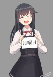  :d asashio_(kancolle) asashio_kai_ni_(kancolle) belt black_dress black_hair blush bow bowtie buttons closed_eyes collared_shirt commentary dated dress female grey_background highres holding holding_sign kantai_collection karashi_(tou_gara_shi) long_hair long_sleeves neck_ribbon one-hour_drawing_challenge open_mouth red_bow red_bowtie red_ribbon ribbon shirt sign smile solo translated twitter_username v-shaped_eyebrows white_shirt 