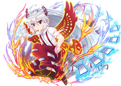  ahoge arkfield bow brown_footwear cigarette collared_shirt commentary_request female fire fujiwara_no_mokou full_body hair_between_eyes hairbow hand_in_pocket long_hair ofuda ofuda_on_clothes pants parody phoenix_wings ponytail puzzle_&amp;_dragons red_eyes red_pants shirt shoes short_sleeves smoking solo suspenders torn_clothes torn_sleeves touhou very_long_hair white_bow white_hair white_shirt wrist_cuffs 