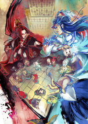  2boys annotation_request artist_name banner blue_hair character_request chinese_clothes commentary_request jinguang_budaixi long_hair multiple_boys paparaya perspective photoshop_(medium) pili_budaixi playing_games red_hair xiangqi 