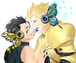  2boys :d ahoge armor bad_id bad_pixiv_id bare_shoulders black_hair blonde_hair bug butterfly butterfly_wings commentary diarmuid_ua_duibhne_(lancer)_(fate) eye_contact fate/zero fate_(series) gilgamesh_(fate) hair_slicked_back headphones highres insect_wings katze_(776642) looking_at_another magnet_(vocaloid) male_focus microphone mole mole_under_eye multiple_boys open_mouth orange_eyes parody pauldrons photoshop_(medium) red_eyes shoulder_armor simple_background smile vocaloid white_background wings yaoi yellow_eyes 