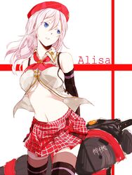  alisa_ilinichina_amiella bad_id bad_pixiv_id black_footwear black_pantyhose blue_eyes boots breasts cabbie_hat cowboy_shot elbow_gloves female fingerless_gloves gloves god_eater god_eater_2:_rage_burst grey_hair hat highres long_hair medium_breasts nanora_(sero4) navel pantyhose simple_background skirt solo suspender_skirt suspenders thigh_boots thighhighs 