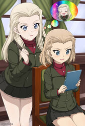  2girls :d alternate_hairstyle blonde_hair blue_eyes blush breasts clara_(girls_und_panzer) commentary_request girls_und_panzer heaven_condition inoshira katyusha_(girls_und_panzer) large_breasts matching_hairstyle mirror multiple_girls oerba_yun_fang open_mouth photoshop_(medium) pleated_skirt pravda_school_uniform school_uniform short_hair skirt smile thought_bubble twitter_username window 