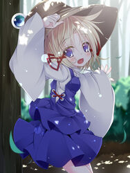  :d blonde_hair blue_eyes blush commentary_request female forest futase_hijiri hand_on_headwear hat looking_at_viewer moriya_suwako nature oerba_yun_fang open_mouth pyonta short_hair skirt smile solo touhou wide_sleeves 