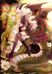  absurdres apple black_footwear boots cape demon_girl demon_tail demon_wings earrings fangs flower food fruit green_apple green_hair haiiro_teien hair_flower hair_ornament highres horns jewelry lamia layered_skirt long_hair long_sleeves monster_girl multiple_girls nail_polish necktie open_mouth pointy_ears red_eyes red_nails reficul shoes silver_hair sin_(haiiro_teien) tail very_long_hair vest wife_and_wife winged_shoes wings wrist_grab xinghuo yuri 