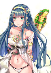  armlet arms_behind_back babydoll bare_shoulders blue_hair blunt_bangs blush breasts buckle cleavage cleopatra_(fate) cleopatra_(third_ascension)_(fate) closed_mouth collar commentary_request cowboy_shot earrings facial_mark fate/grand_order fate_(series) female green_eyes hairband hand_on_own_arm highres jewelry konka lips long_hair looking_at_viewer medium_breasts navel off_shoulder panties ring smile snake solo standing stomach straight_hair two-tone_background underwear underwear_only very_long_hair white_panties 